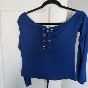 VENUS Royal Blue Lace-Up Off the Shoulder Long Sleeve Top